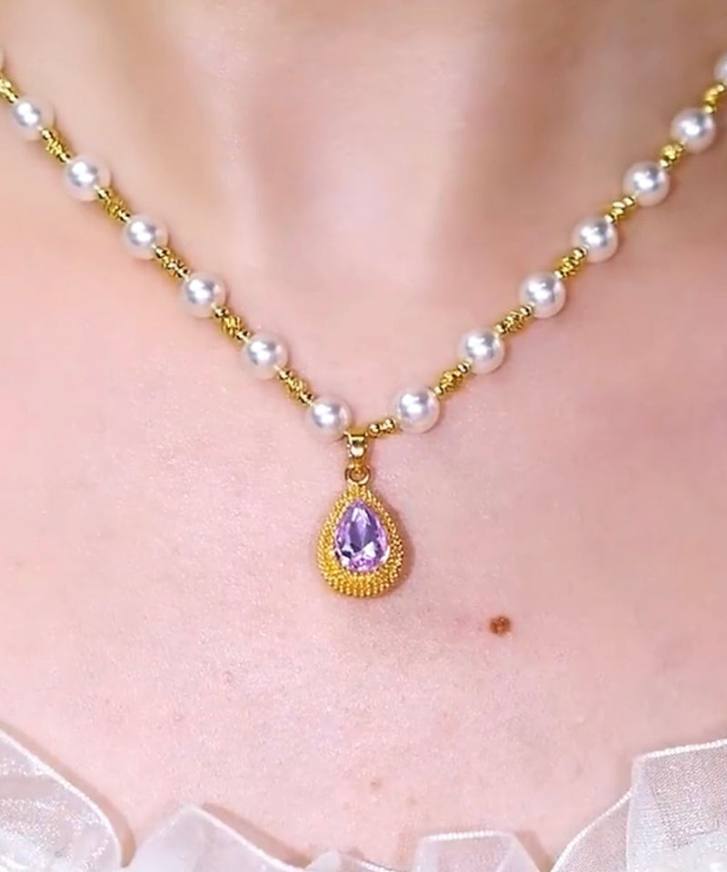 Purple Sterling Silver Overgild Pearl Water Drop Pendant Necklace