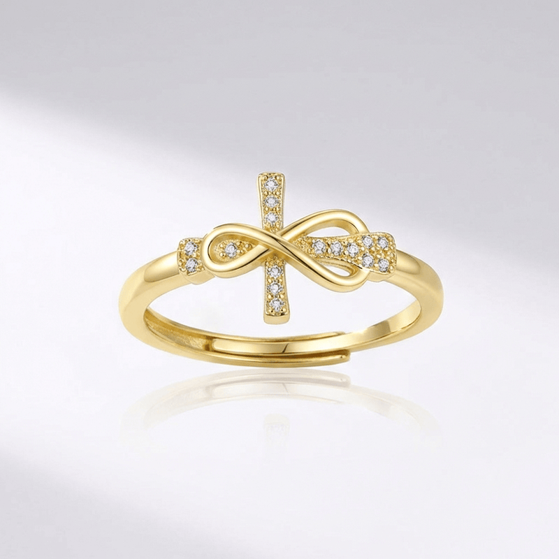Tie & Cross Silver Ring With Zircons - (adjustable)