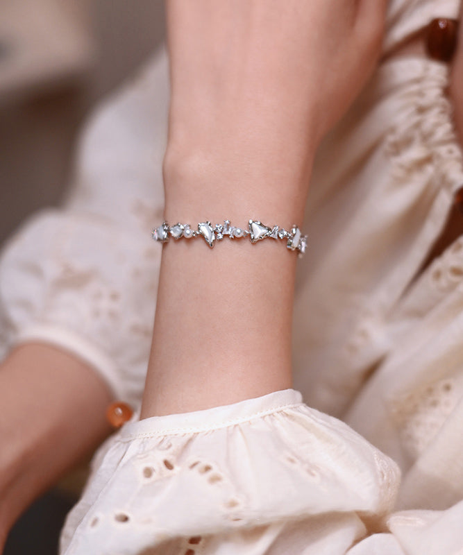 White Natural Freshwater Pearl Mother of Pearl Zircon Adjustable Silver Bracelet