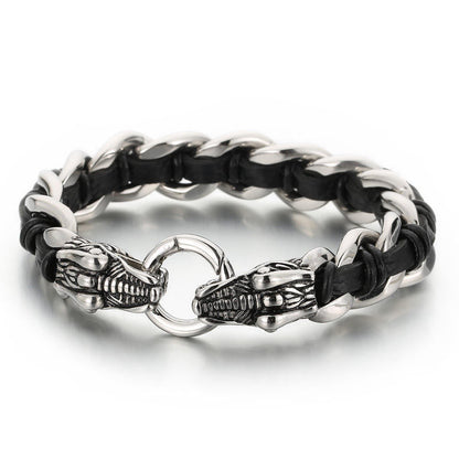 Buddha Stones Dragon Leather Titanium Steel Protection Luck Braided Bracelet