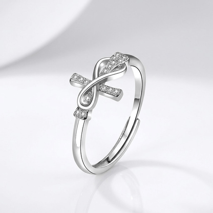 Tie & Cross Silver Ring With Zircons - (adjustable)