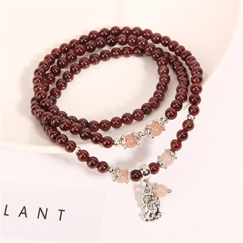 Buddha Stones Natural Garnet Strawberry Quartz Green Beans Pixiu Protection Triple Wrap Bracelet