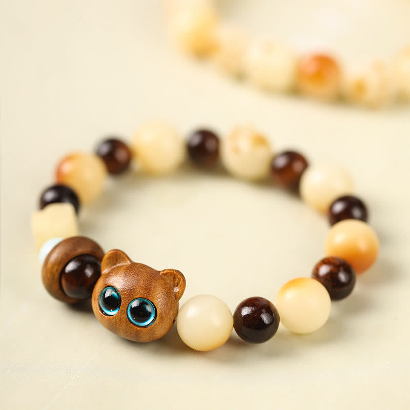 Buddha Stones Natural Bodhi Seed Sandalwood Lucky Cat Head Paw Claw Peace Bracelet