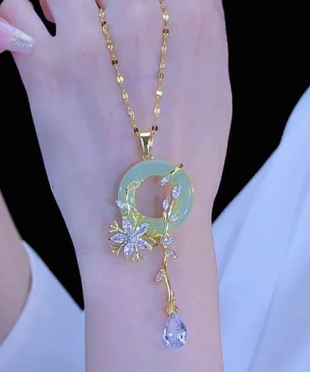 Light Green Stainless Steel Inlaid Crystal Jade Pendant Necklace