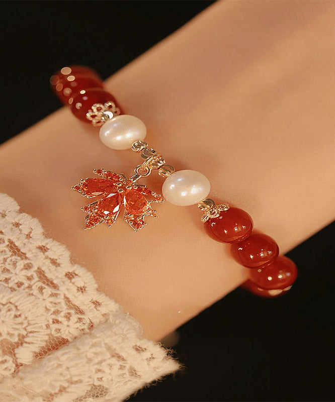 Red Sterling Silver Overgild Agate Maple Leaf Charm Bracelet