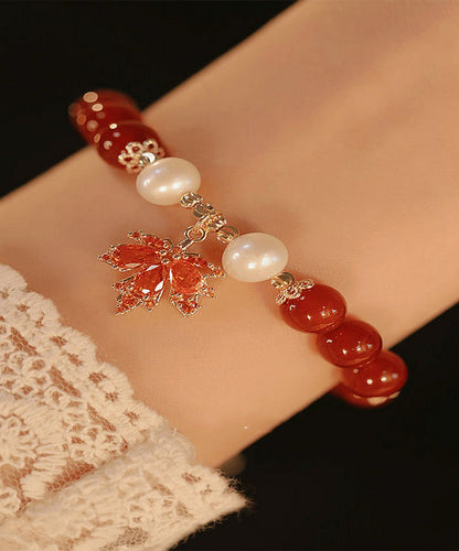 Red Sterling Silver Overgild Agate Maple Leaf Charm Bracelet