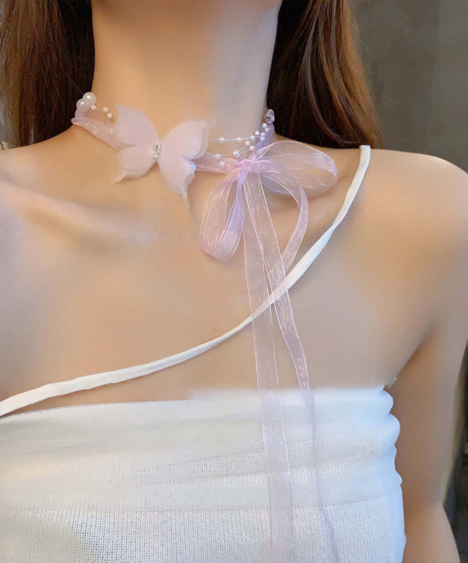 Pink Tulle Pearl Zircon Butterfly Princess Necklace