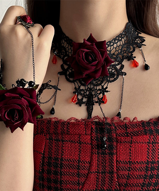 Stylish Red Lace Rose Necklace and Chain Bracelet Tassel Two-piece Set Princess Necklace