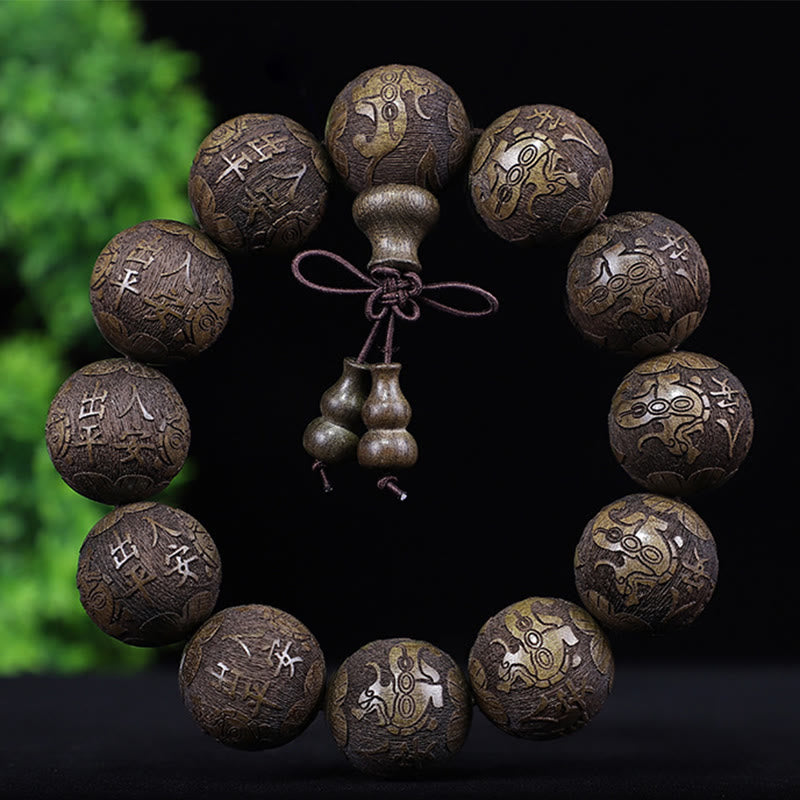 Buddha Stones Chinese Zodiac Rosewood Ebony Copper Coin Pixiu Carved Warmth Bracelet