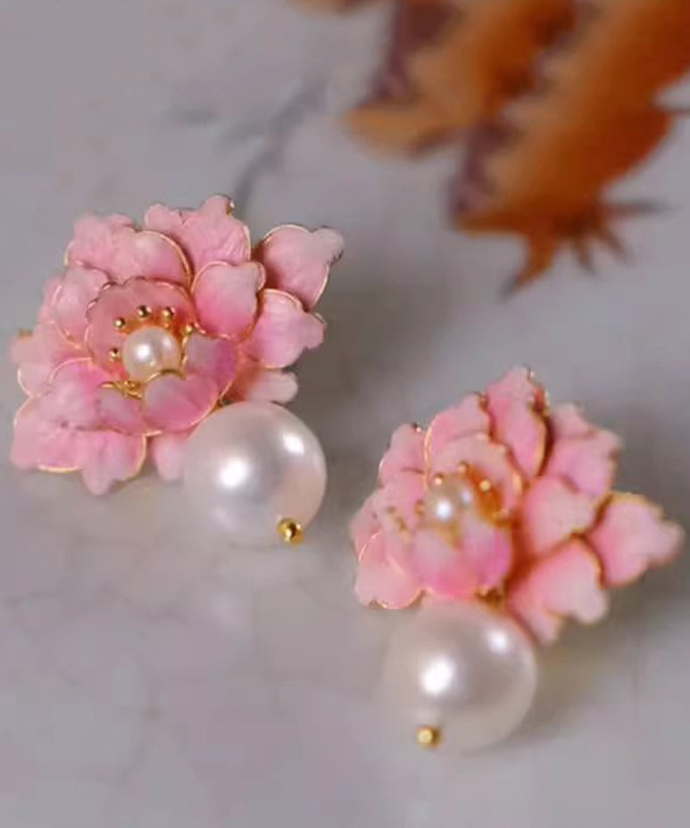 Pink Alloy Pearl Drip Glaze Peach Blossom Stud Earrings