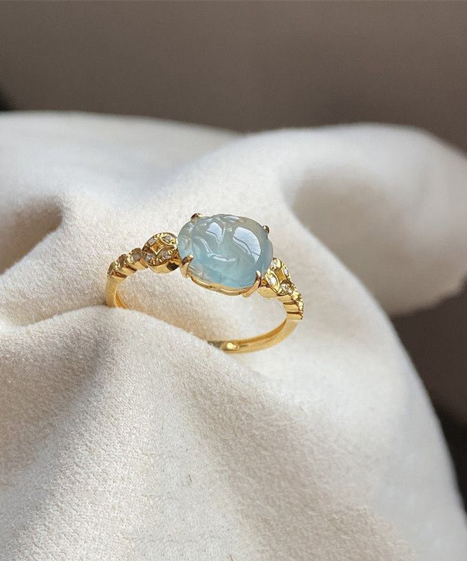 Chinese Style Blue Sterling Silver Overgild Zircon Crystal a Mythical Wild Animal Rings