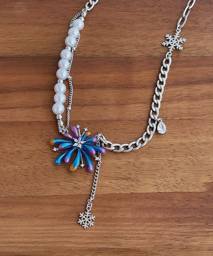 Gradient Color Rainbow Sterling Silver Zircon Fireworks Pearl Tassel Pendant Necklace