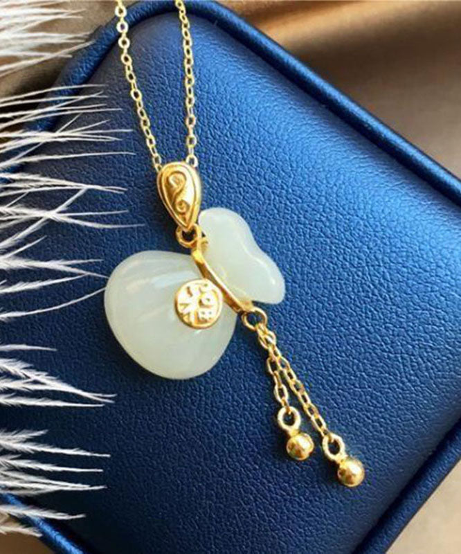 Gold Alloy Inlaid Jade Fu Zi Tassel Lucky Bag Pendant Necklace