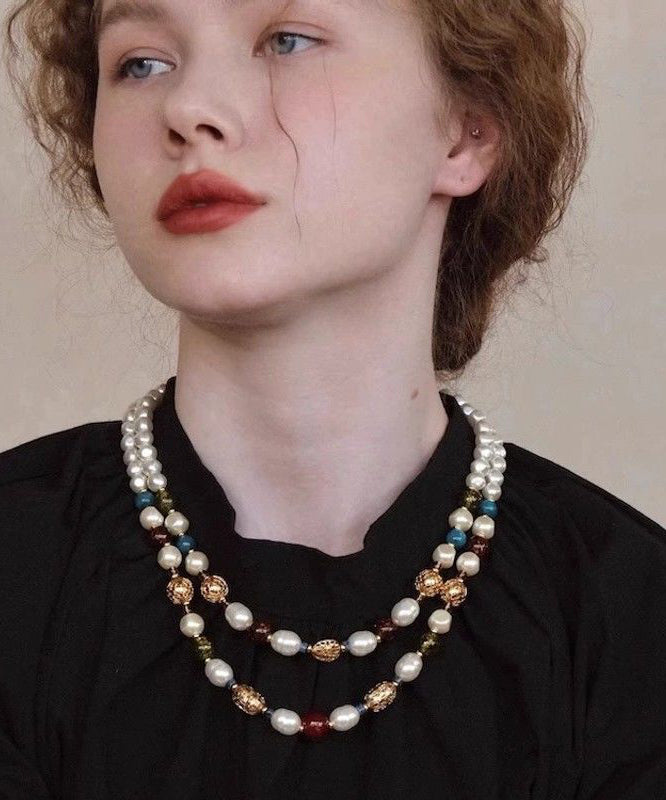 Stylish Rainbow Sterling Silver Overgild Pearl Beading Double-layer Gratuated Bead Necklace
