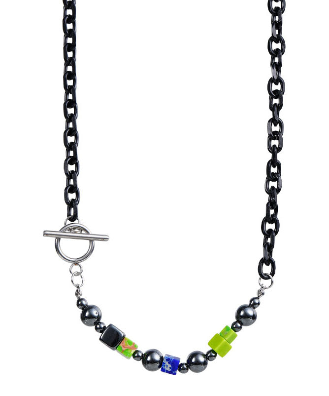 Black Block Black Gallstone Chain Patchwork Necklace