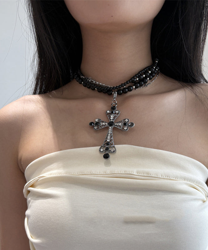 Black Metal Alloy Zircon Multilayer Beads Cross Gratuated Bead Necklace