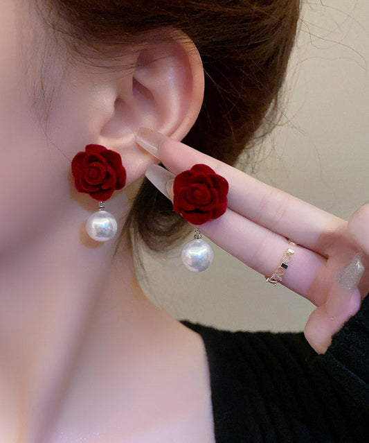 Art Mulberry Flocking Pearl Rose Drop Earrings