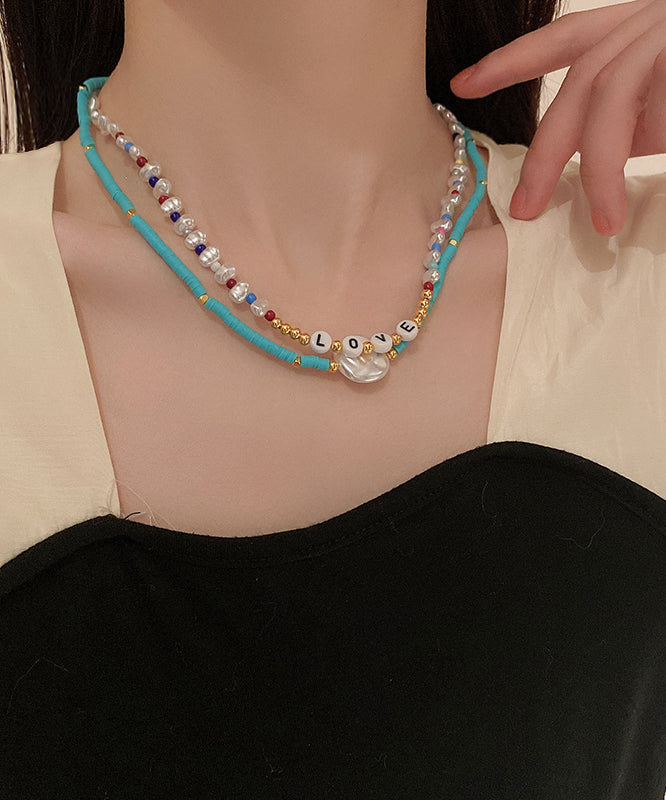 Blue Alloy Acrylic Pearl Bilayer Beading Graduated Bead Necklace