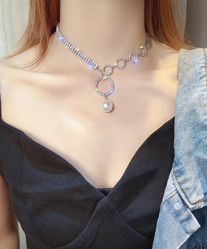 Unique White Alloy Zircon Pearl Tassel Pendant Necklace
