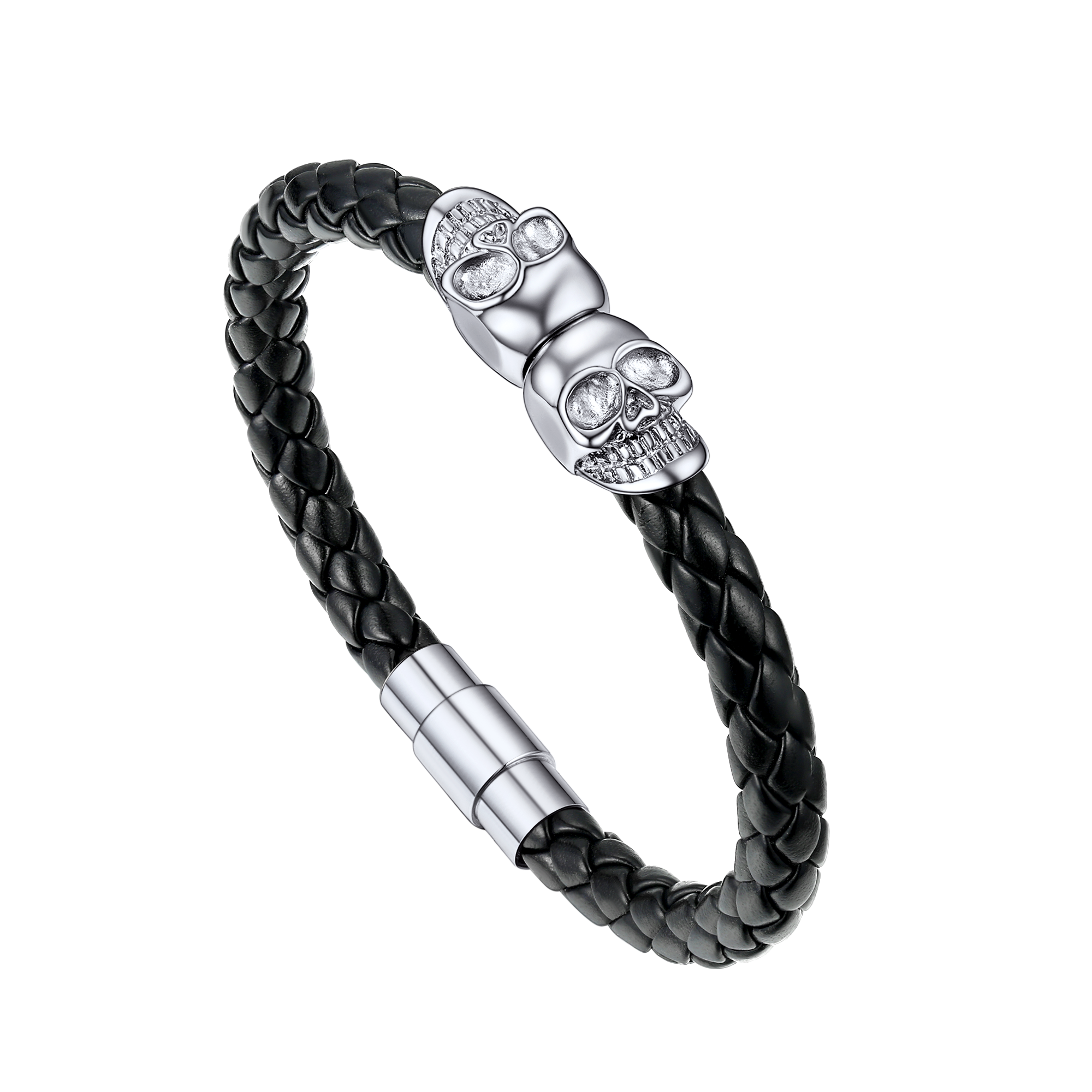 Black Braided Leather Bracelet With Skull for