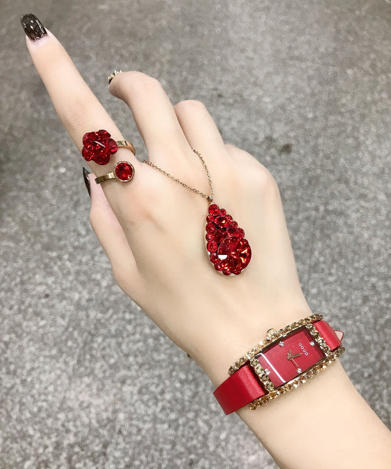 Style Red Sterling Silver Overgild Crystal Zircon Pendant Necklace ,ring and Watch Three Piece Set
