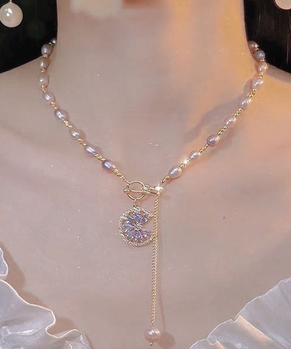 Light Purple Copper Overgild Pearl Tassel Pendant Necklace