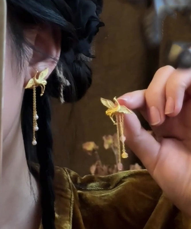 Gold Copper Alloy Crane Tassel Drop Earrings