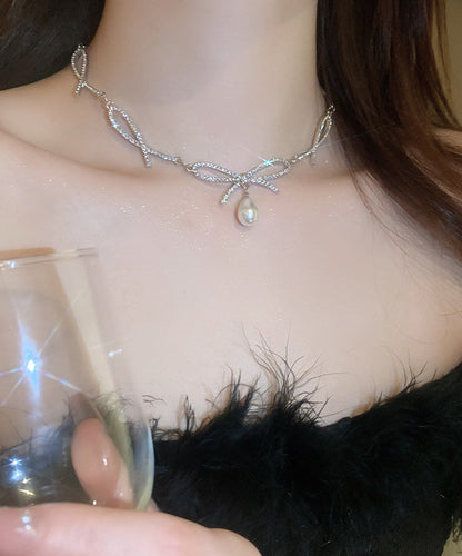 Silk Alloy Zircon Bow Pearl Pendant Necklace