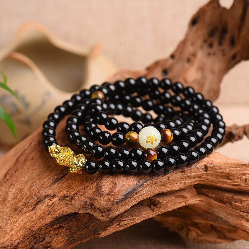 Buddha Stones Chinese Zodiac Obsidian Pixiu Protection Mala Bracelet