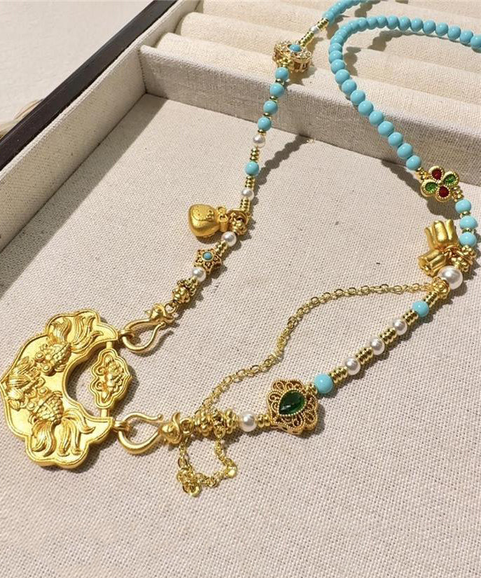 Diy Gold Sterling Silver Overgild Turquoise Pearl Inlaid Gem Stone Pendant Necklace