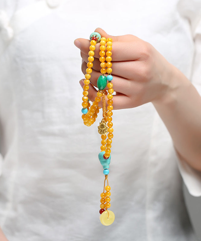 Yellow Jade Amber Beeswax Beading Tassel Pendant Necklace