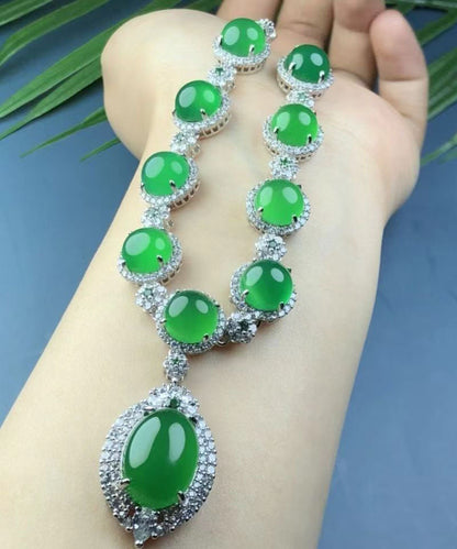 Green Sterling Silver Inlaid Zircon Chalcedony Pendant Necklace