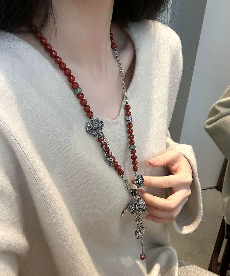 Colorblock Sterling Silver Gourd Ball Ruyi Lock Pendant Necklace