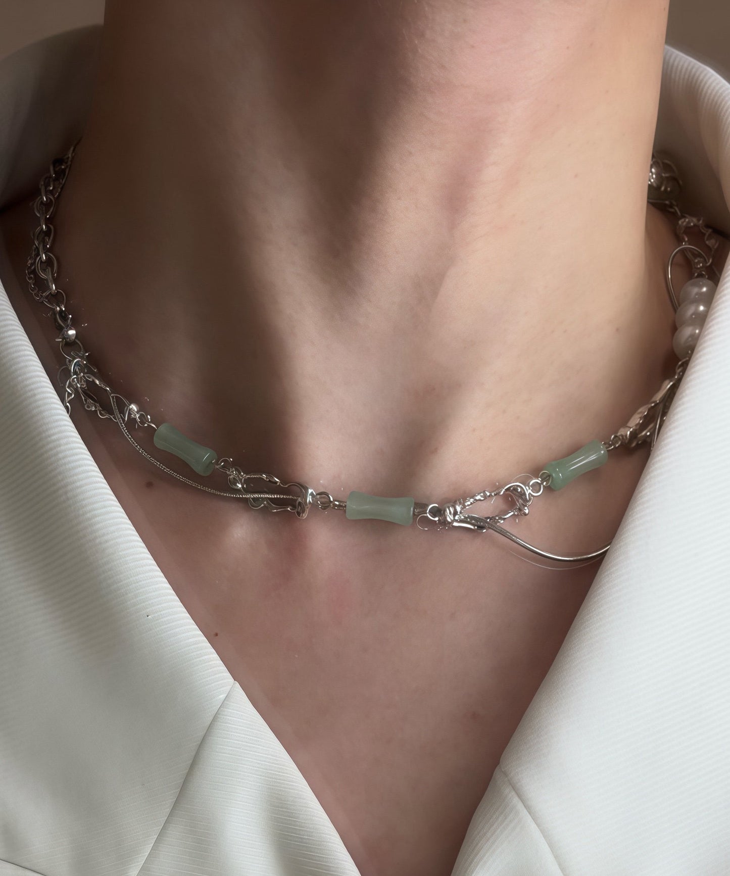 Stylish Green Stainless Steel Pearl Jade Bamboo Joint Water Droplet Tassel Lariat Necklace