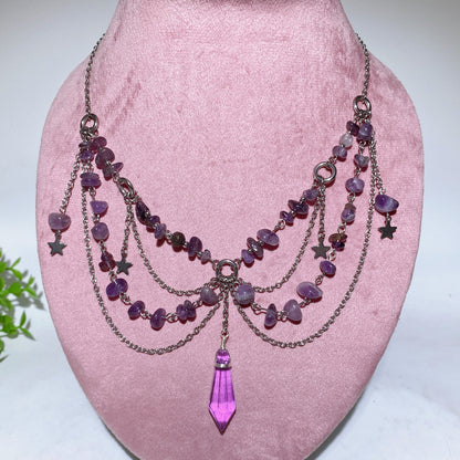 Adjustable Healing Crystal Necklace With Fluorite and Amethyst Pendant