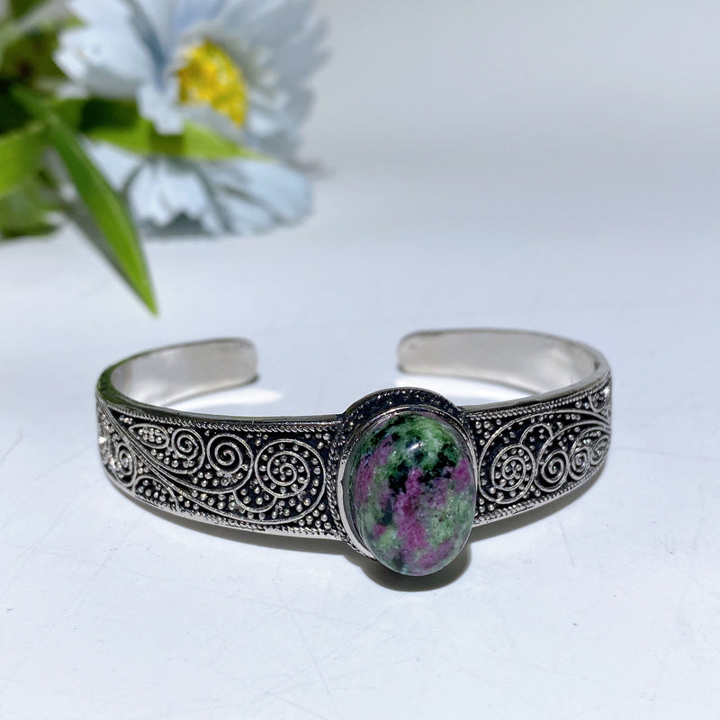 Adjustable Silver Crystal Bangle With Healing Gemstones