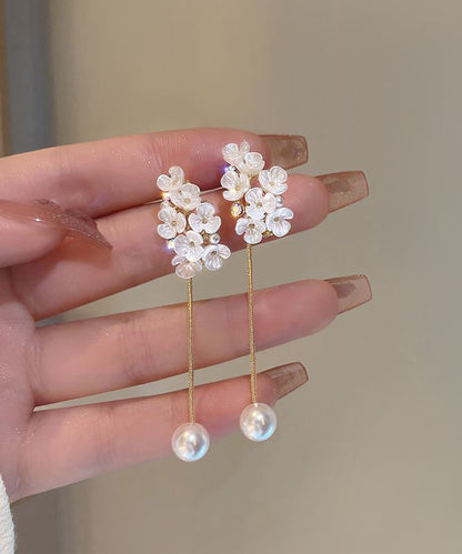 Fine White Copper Alloy Zircon Pearl Tassel Drop Earrings