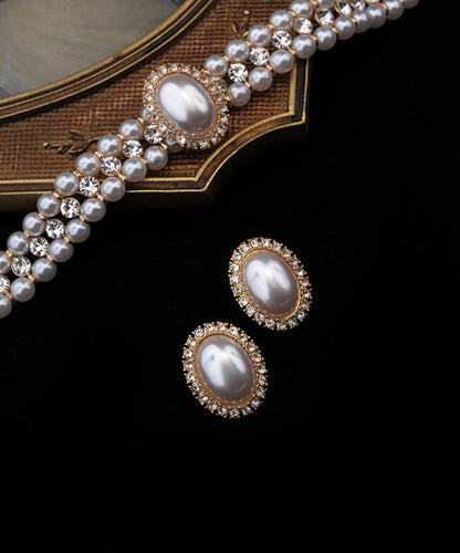 White Sterling Silver Overgild Zircon Pearl Stud Earrings