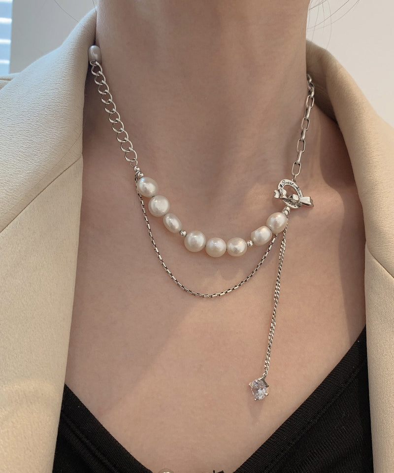 White Stainless Steel Pearl Bow Tassel Sweater Lariat Necklace