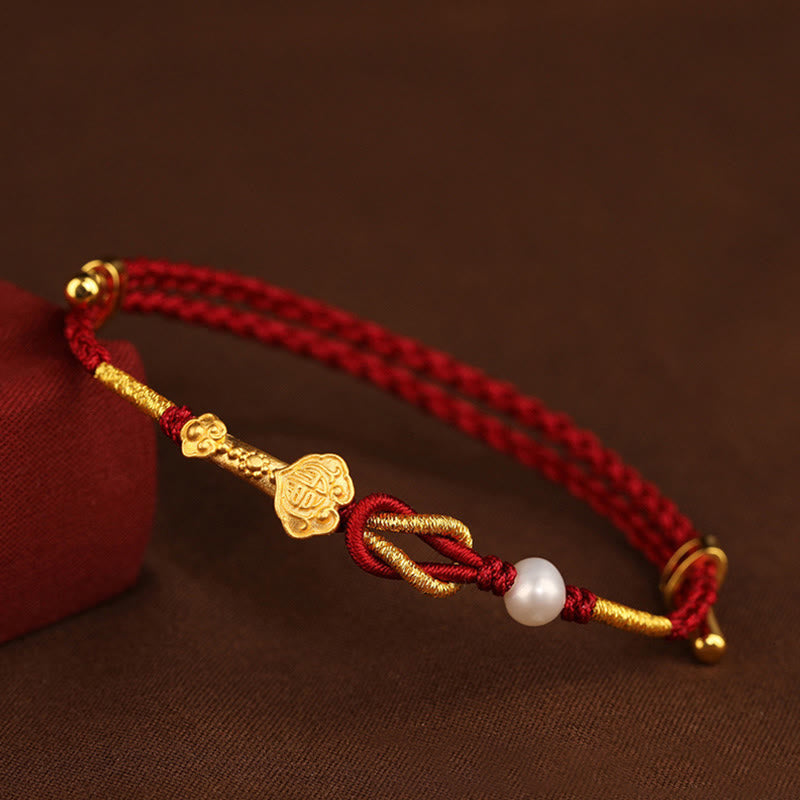 Buddha Stones 24k Gold Wish Ruyi Handle Fu Character Rabbit Pearl Luck Braided Bracelet