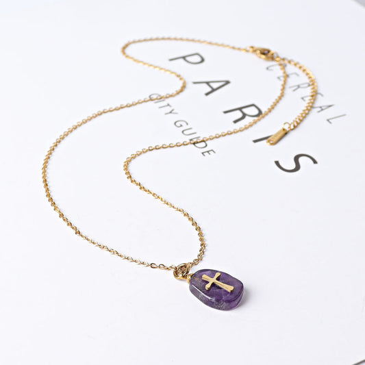 Amethyst Peach Aventurine Necklace With Golden Cross Charm