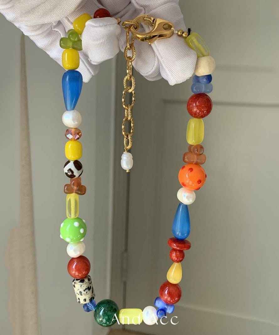 Rainbow Sterling Silver Overgild Asymmetric Gem Stone Gratuated Bead Necklace