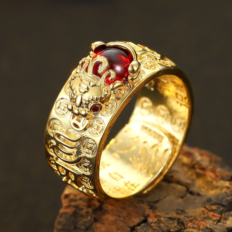 Buddha Stones Fengshui Pixiu Red Garnet Heart Sutra Wealth Ring