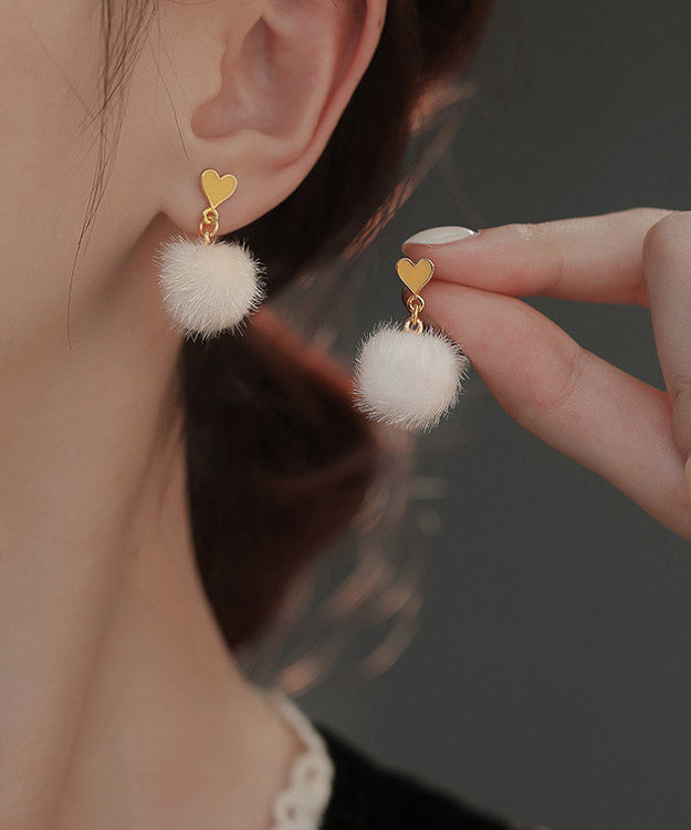 White Sterling Silver Olil Drip Love Hairball Drop Earrings
