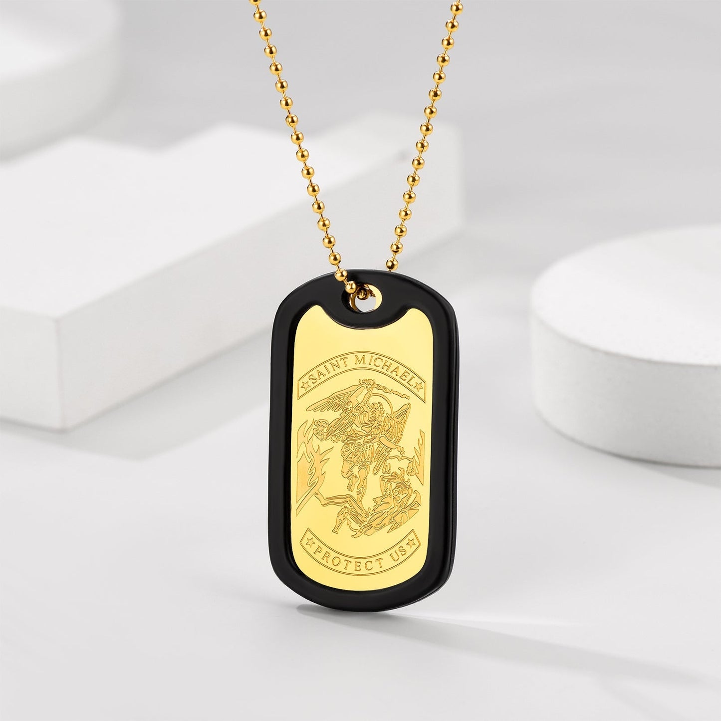 Engraved Military Saint Michael Necklace Dog Tag for