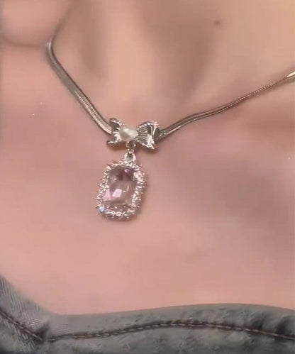 Pink Copper Overgild Zircon Bow Pendant Necklace