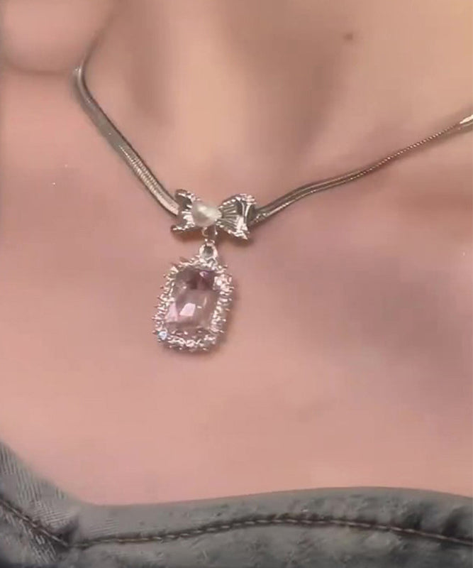 Pink Copper Overgild Zircon Bow Pendant Necklace