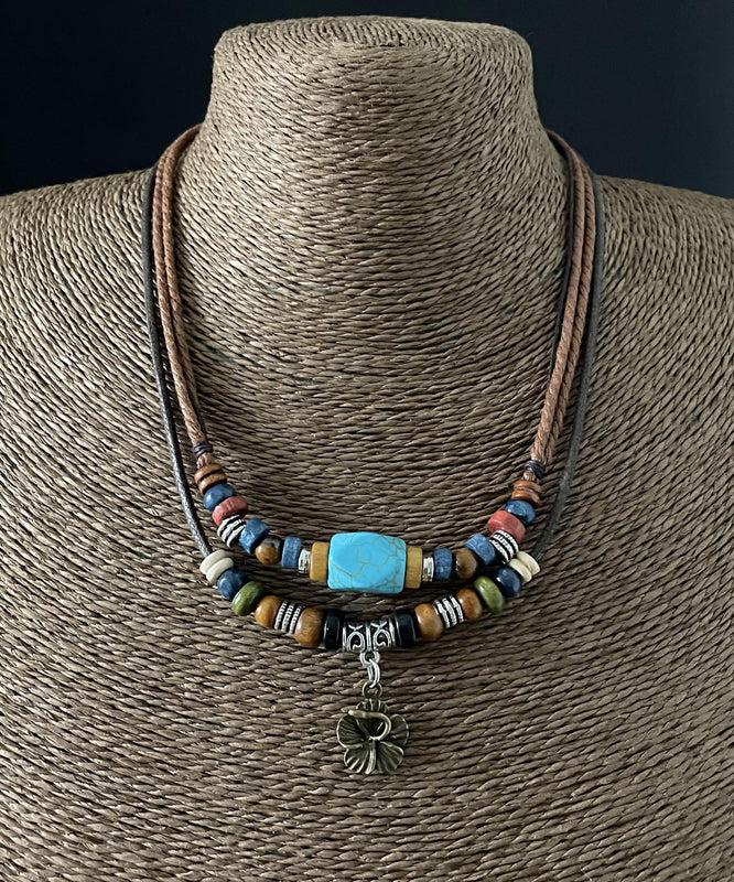 Faux Leather Alloy Turquoise Pendant Necklace