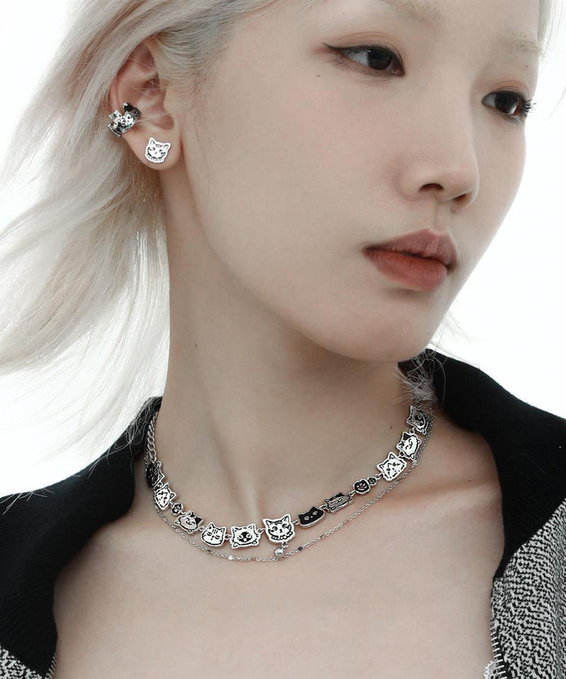 Silk Stainless Steel Graffiti Cat Double-layer Necklace
