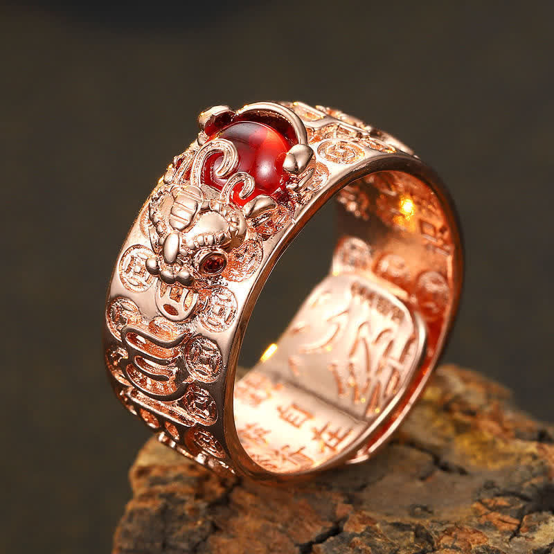 Buddha Stones Fengshui Pixiu Red Garnet Heart Sutra Wealth Ring